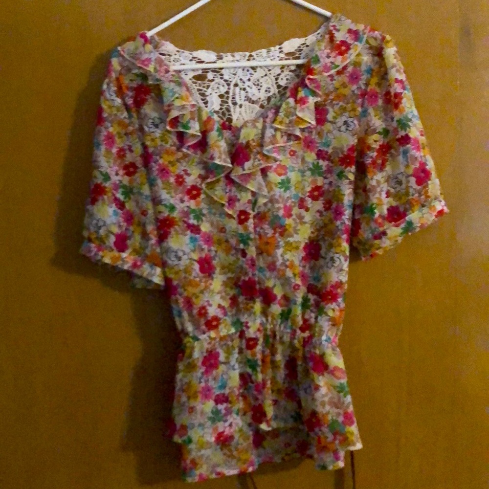 No boundaries pink floral top with waist ruffle